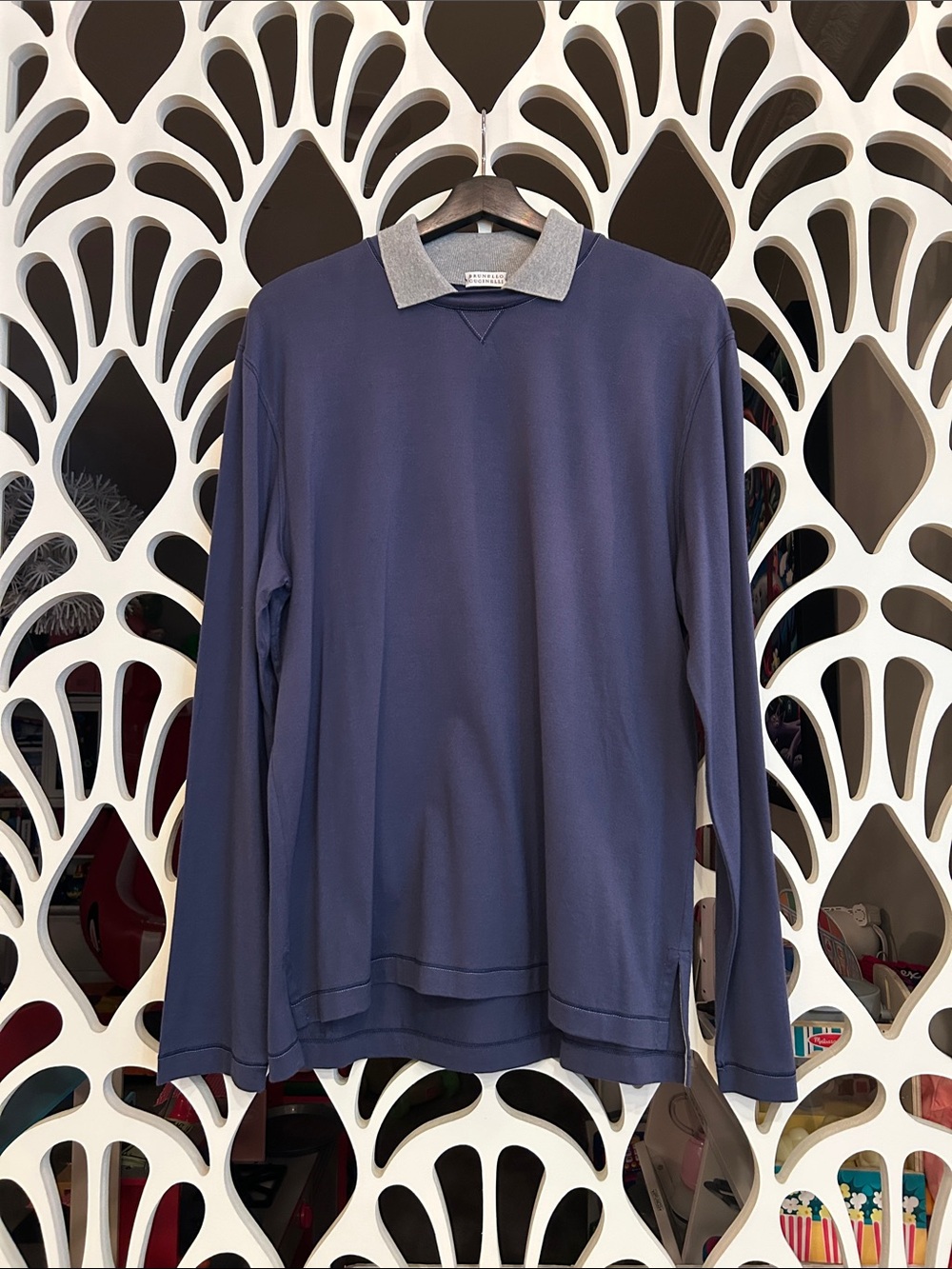 Brunello Cucinelli Navy Long-Sleeve Polo with Gray Contrast Collar